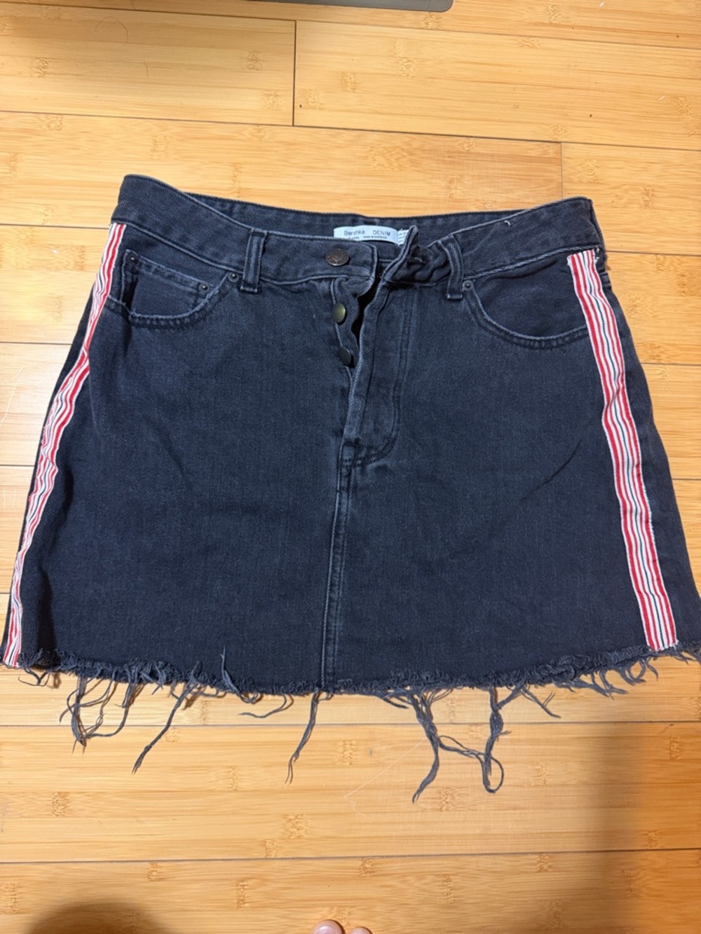 Bershka Black Denim Mini Skirt with Red and White Side Stripes